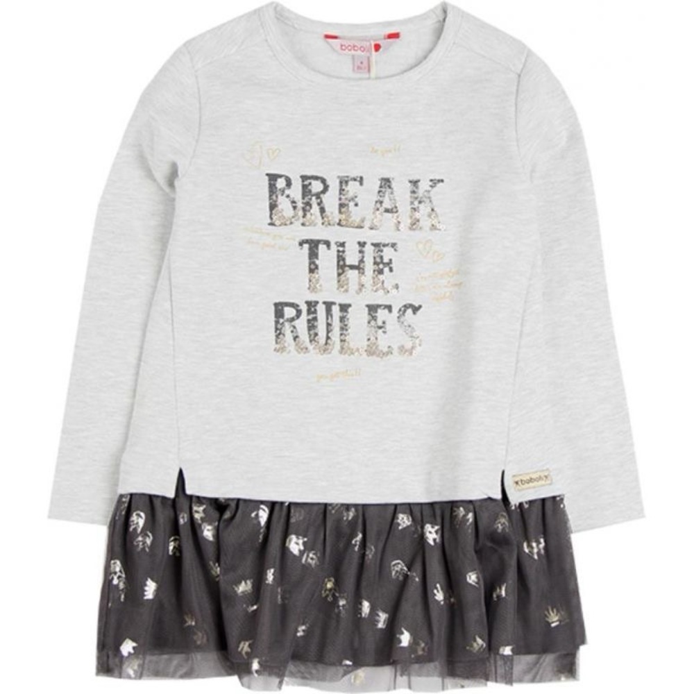 Casual Gray Fleece Dress with Tulle Skirt and Metallic Text
